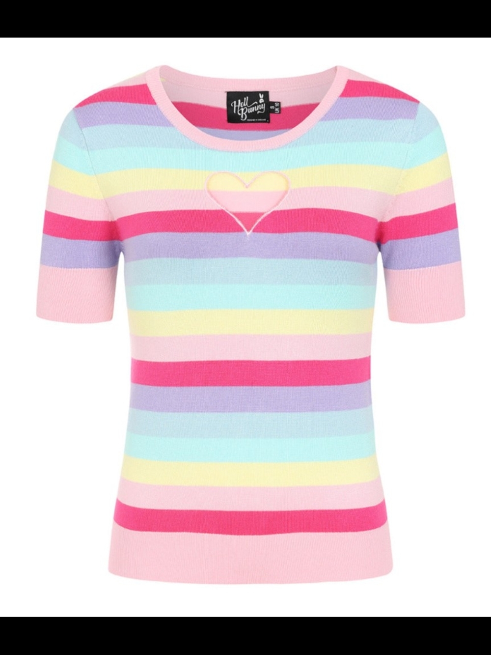 Hell Bunny Pastel Rainbow Stripe Short Sleeve Knit Top with Heart Cutout